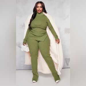 Plus Khaki Roll Neck Rib Knitted Sweater & Pants SET